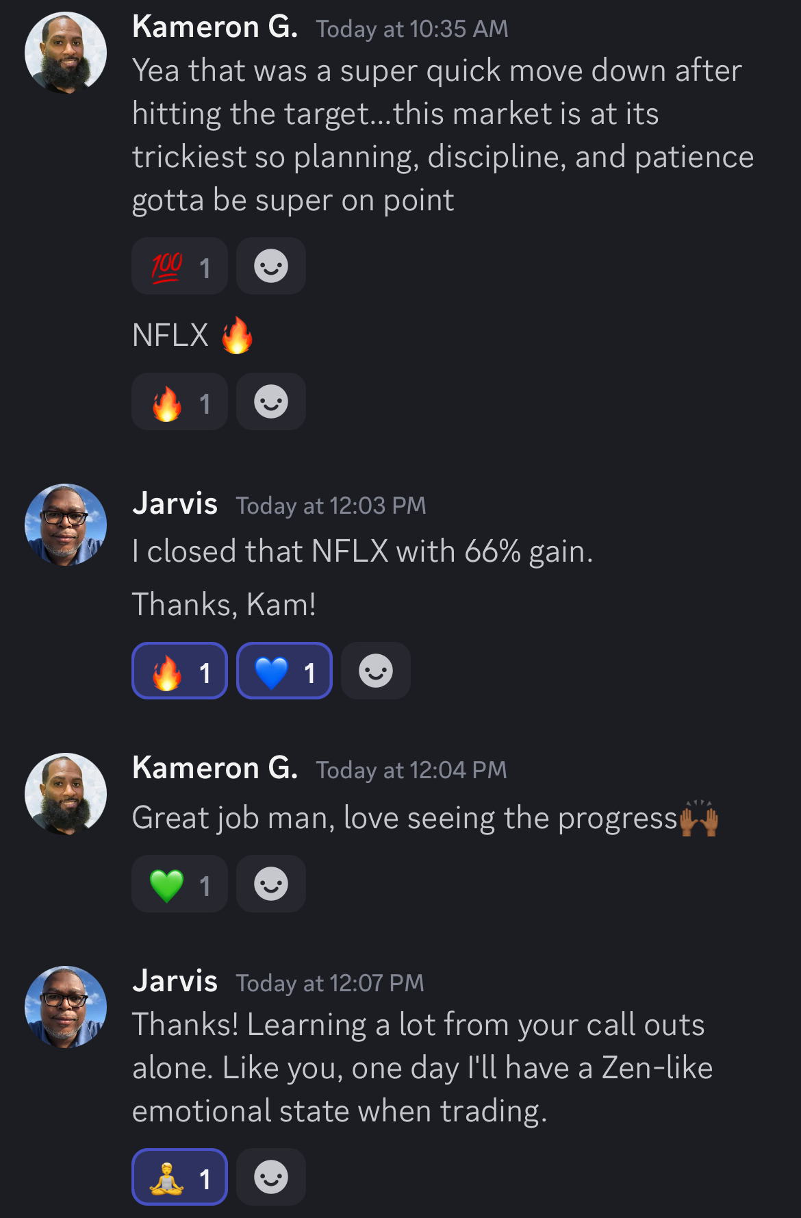 Kam coaching a student through a live NFLX trade