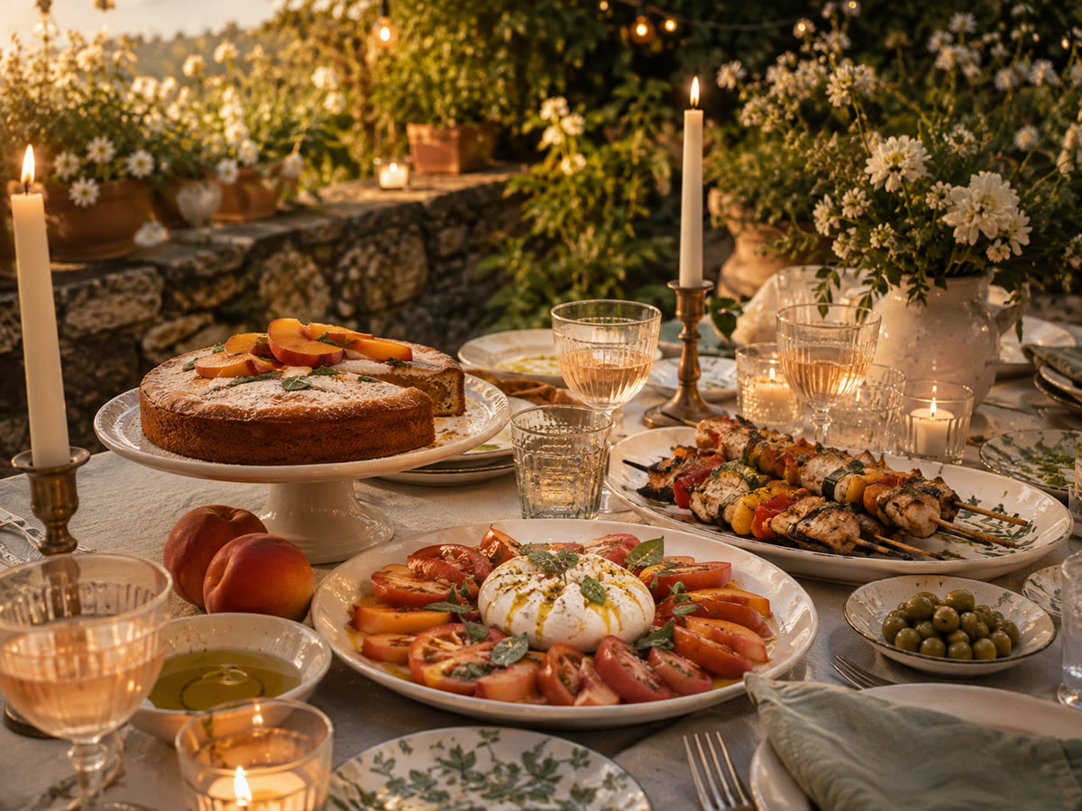 Tomatoes with burrata, peaches, skewers and a peach cake on a candlelit garden table