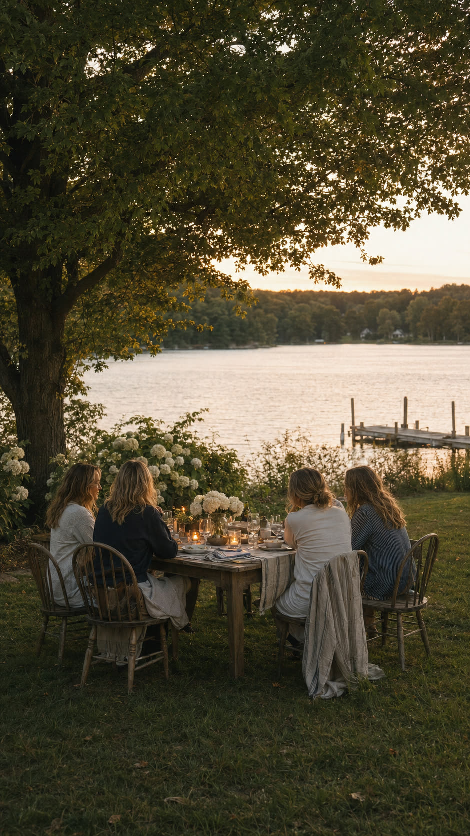 Four women around a lakeside table at sunset, candles lit, the dock behind them