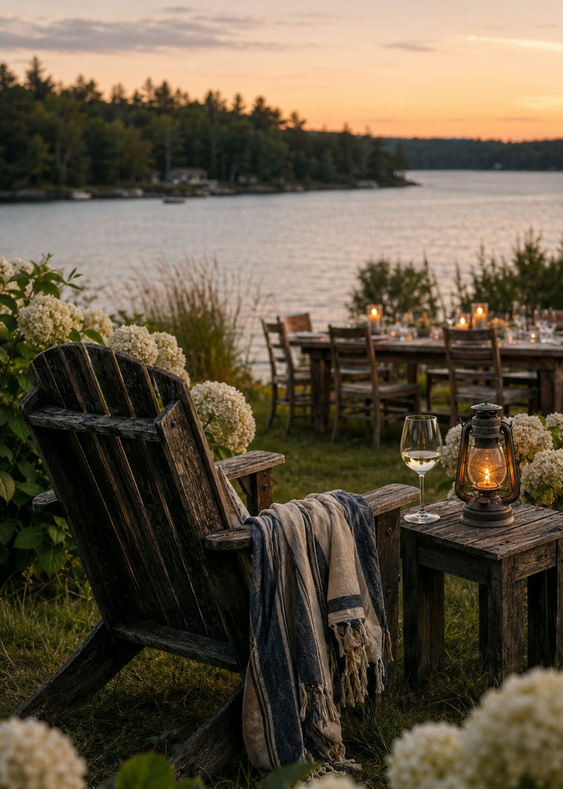 An Adirondack chair with a blanket, a glass of wine and a lantern beside the lake at dusk