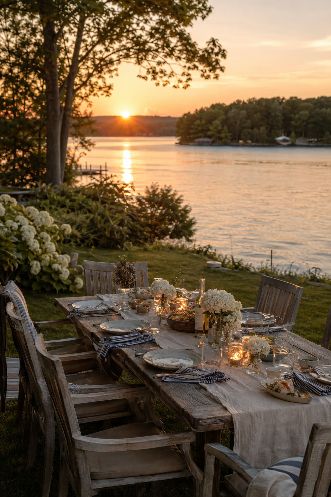 A long table set with candles and hydrangeas beside the lake at sunset