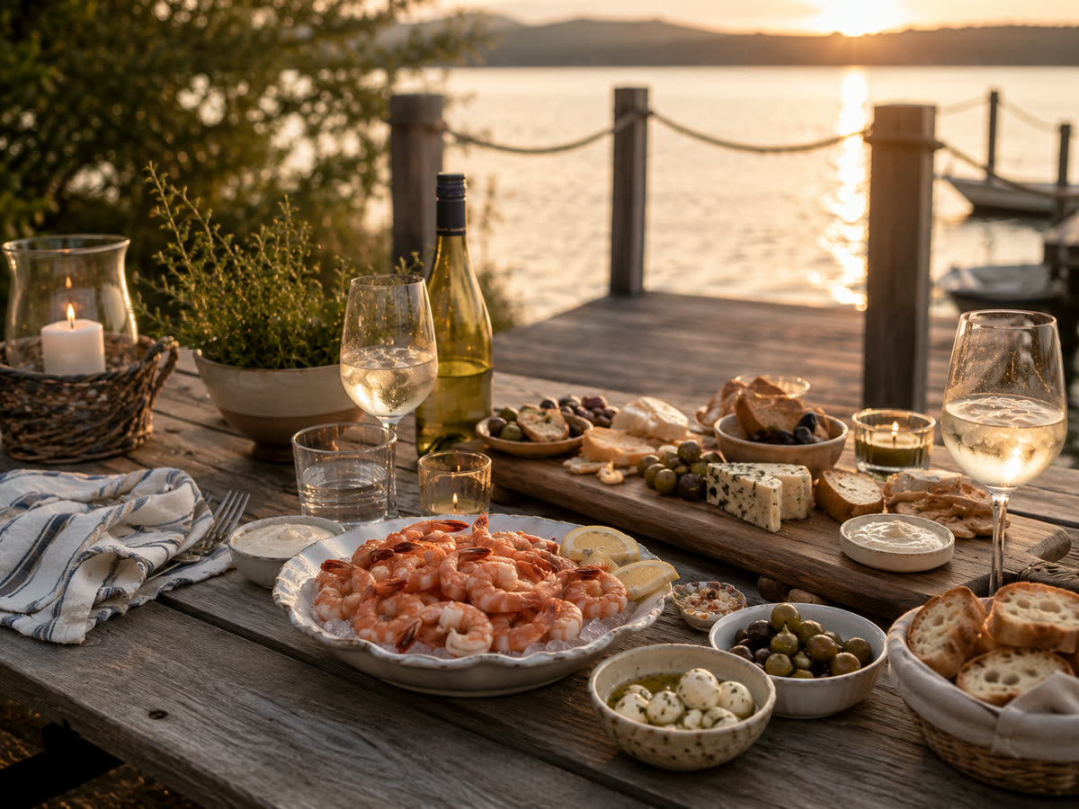 Chilled shrimp, a cheese board, bread and wine on a dock at sunset