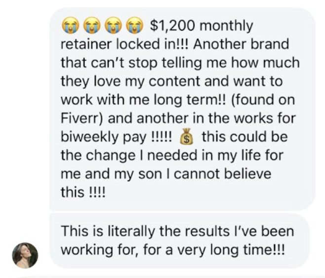 5-Star Freelancer student DM — UGC creator success message