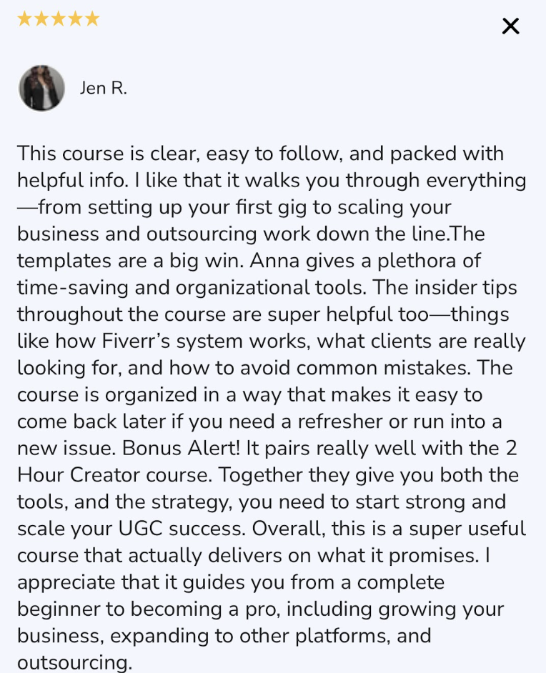 5-Star Freelancer student DM — UGC creator thanking Anna Mongiello