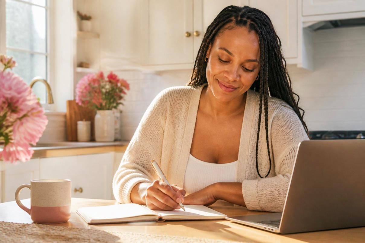 Woman writing in a journal at her kitchen table next to her laptop