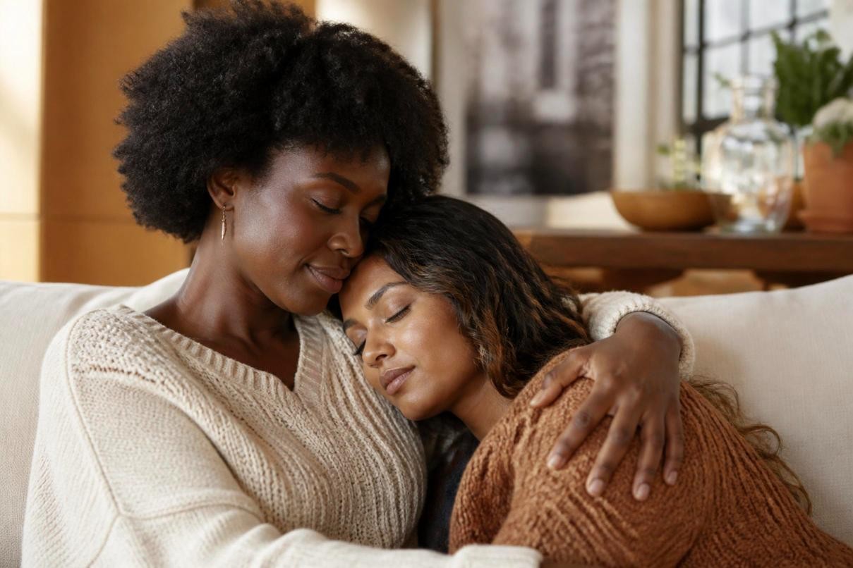 Two women of color embracing on a sofa