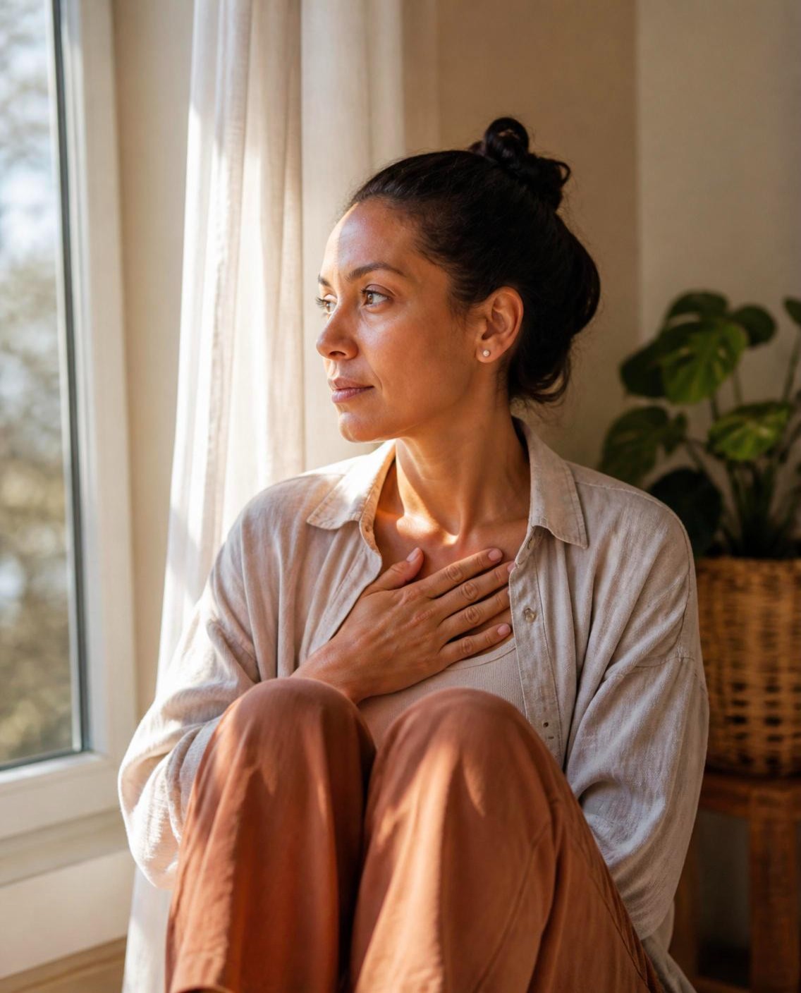 Woman sitting by a sunlit window with her hand over her heart
