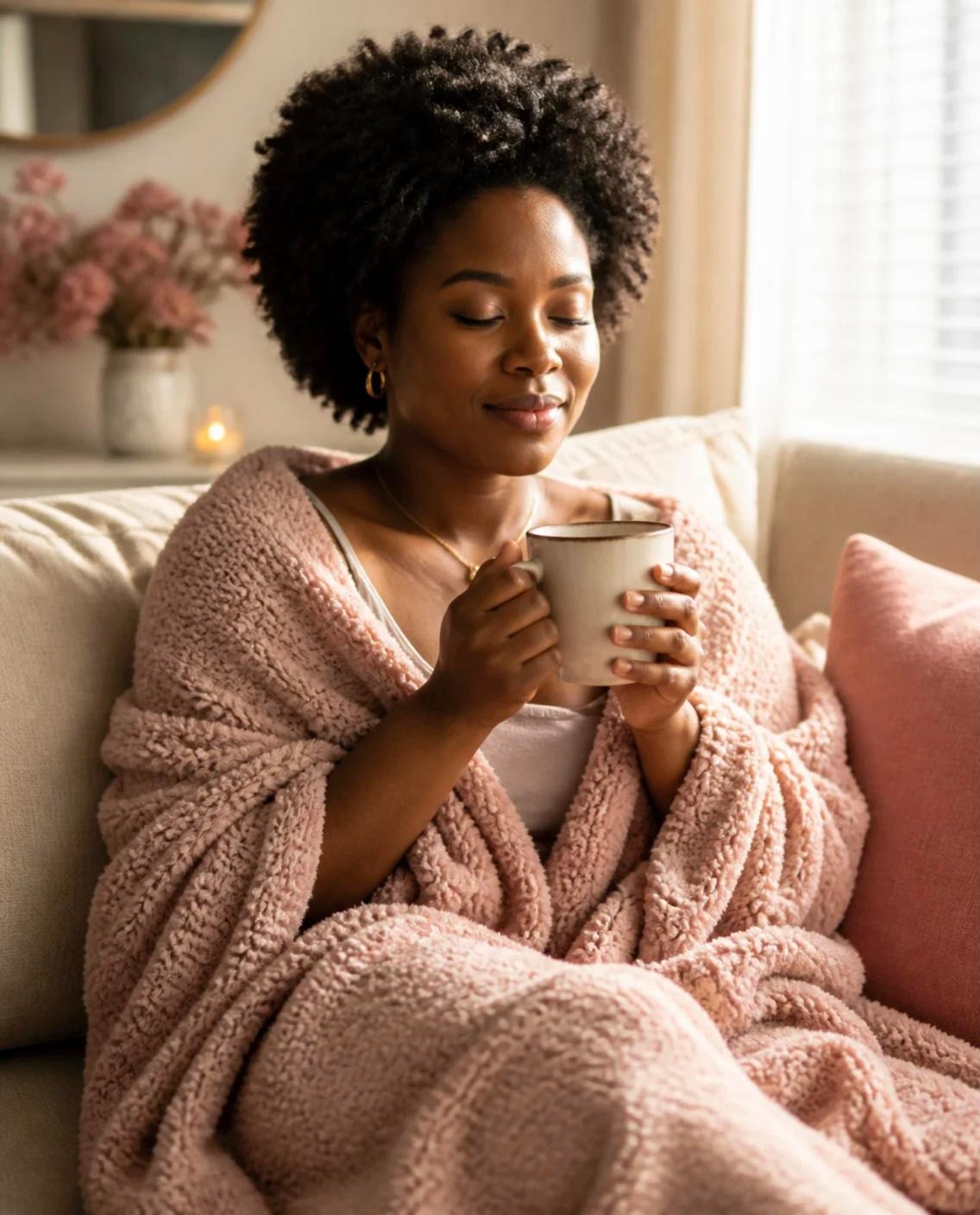 Black woman wrapped in a soft blanket at home, holding a warm mug with her eyes closed