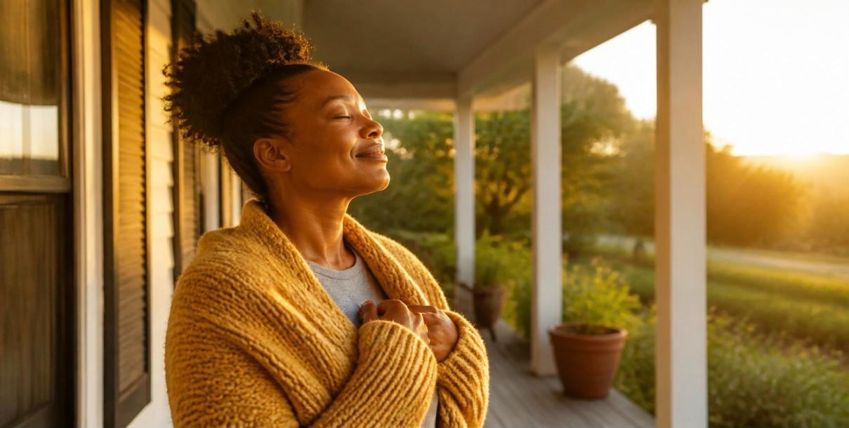 Woman on a sunlit porch at golden hour, eyes closed, wrapped in a cardigan