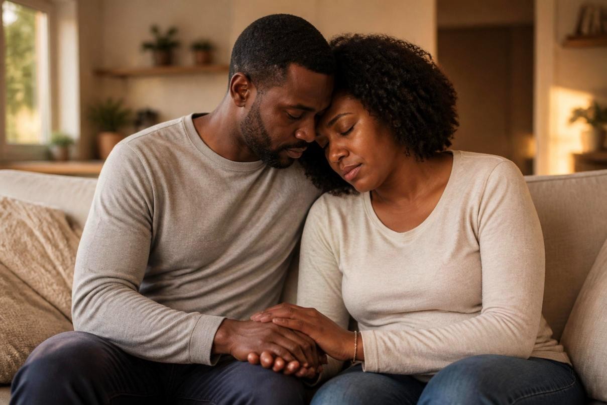 Black couple sitting close on a sofa, holding hands with their heads together