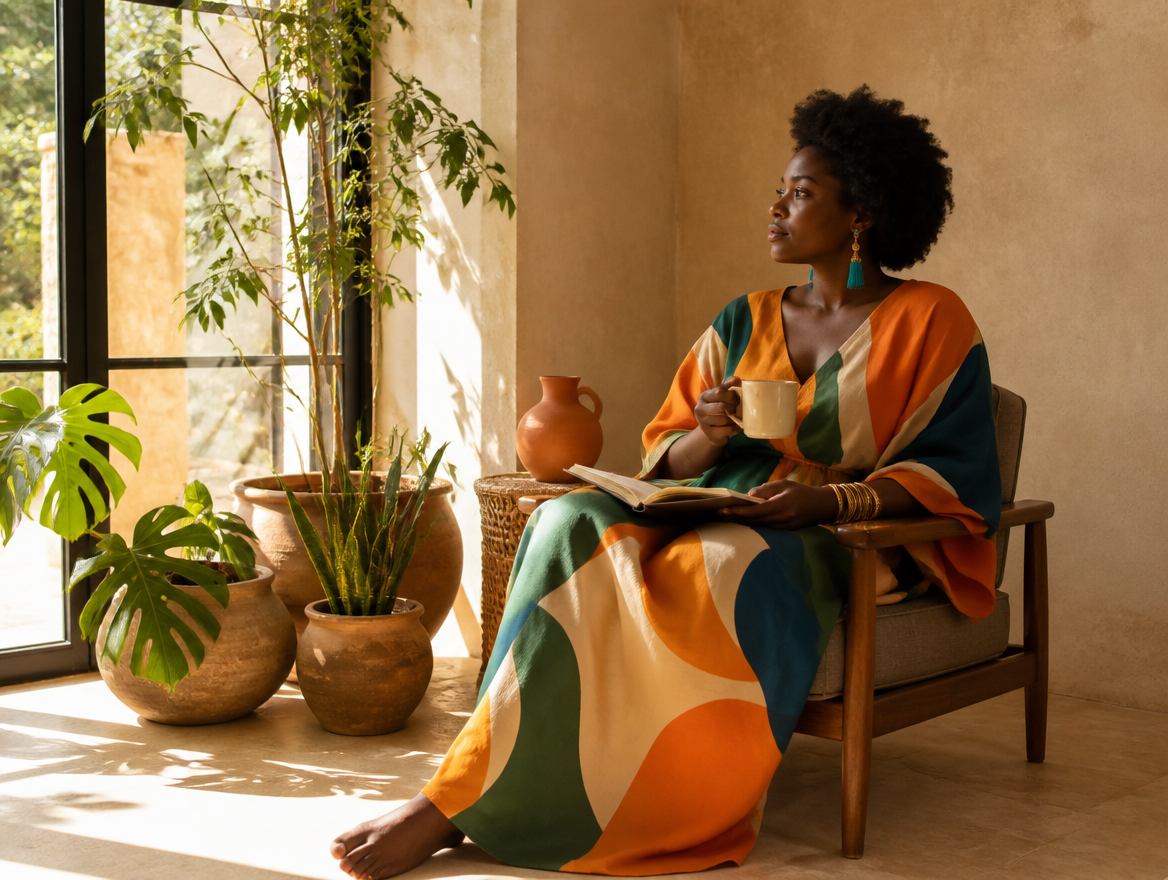A woman at rest by a sunlit window, mug in hand.