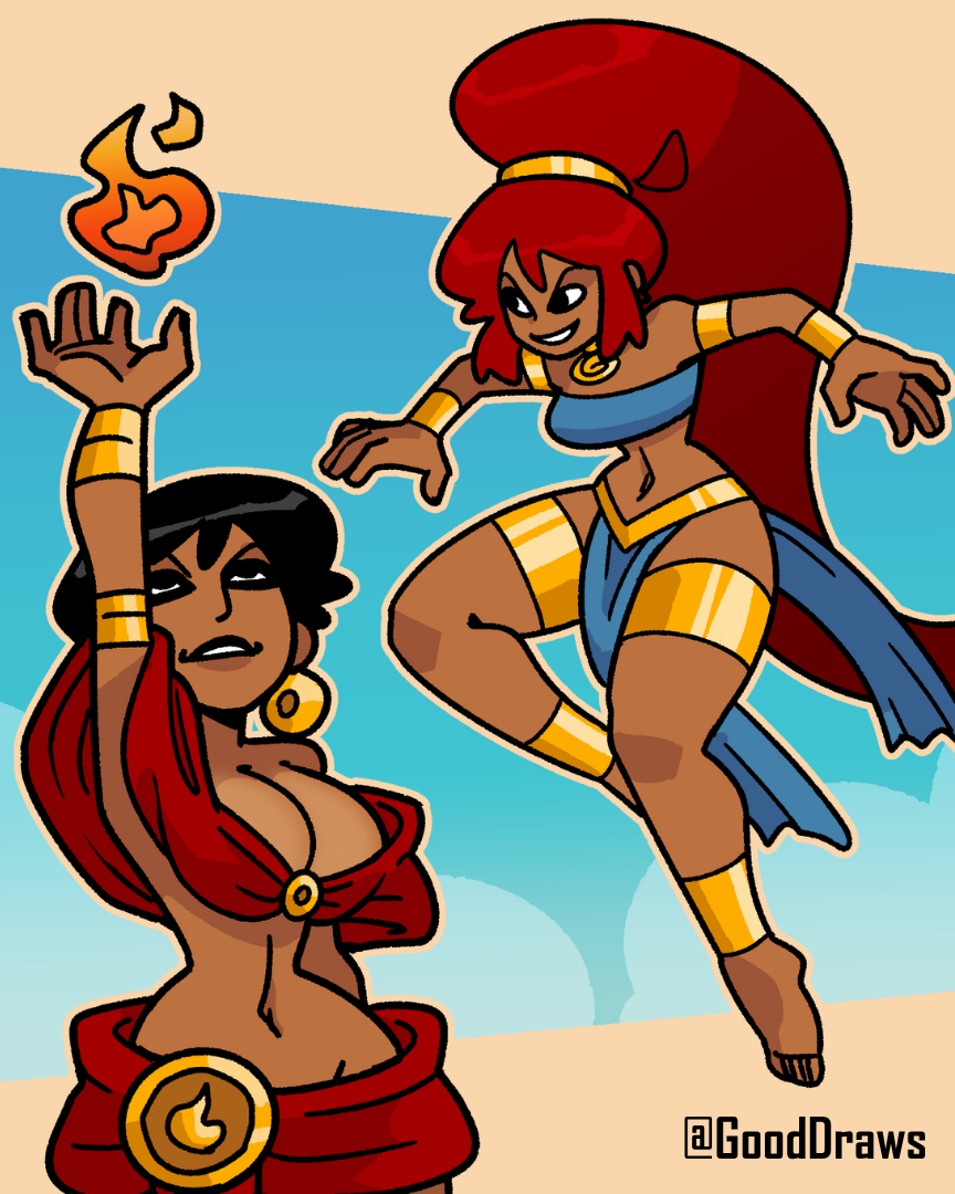 Two characters in red and gold costumes mid-pose, drawn by student GoodDraws