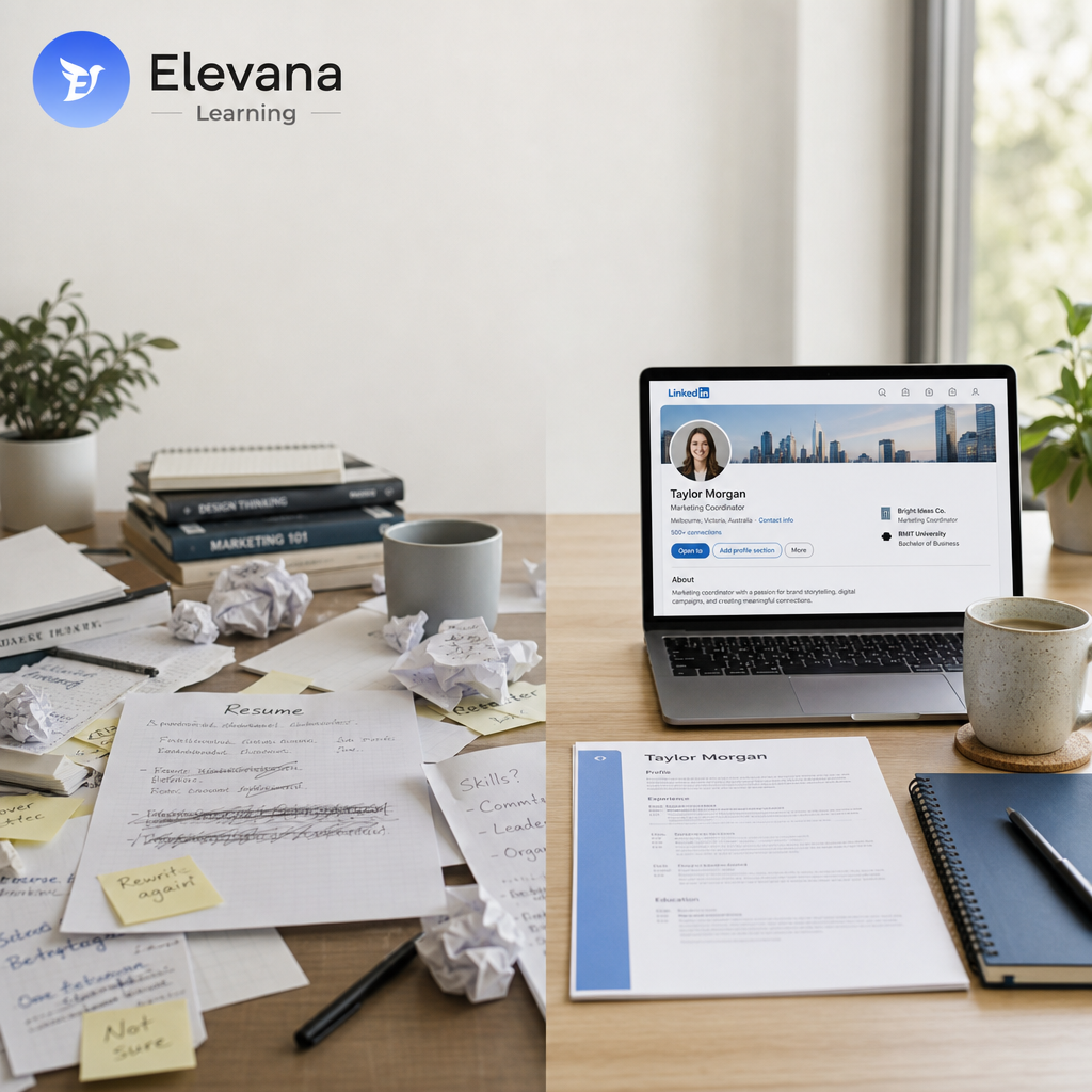 A cluttered job application workspace beside an organised workspace, representing the move from confusion to clarity