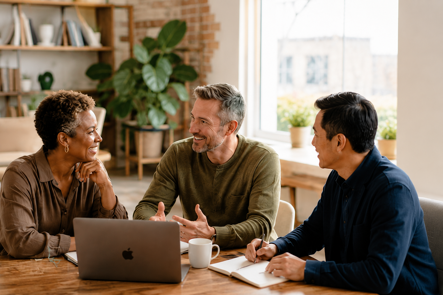 Professionals collaborating in a calm workplace setting
