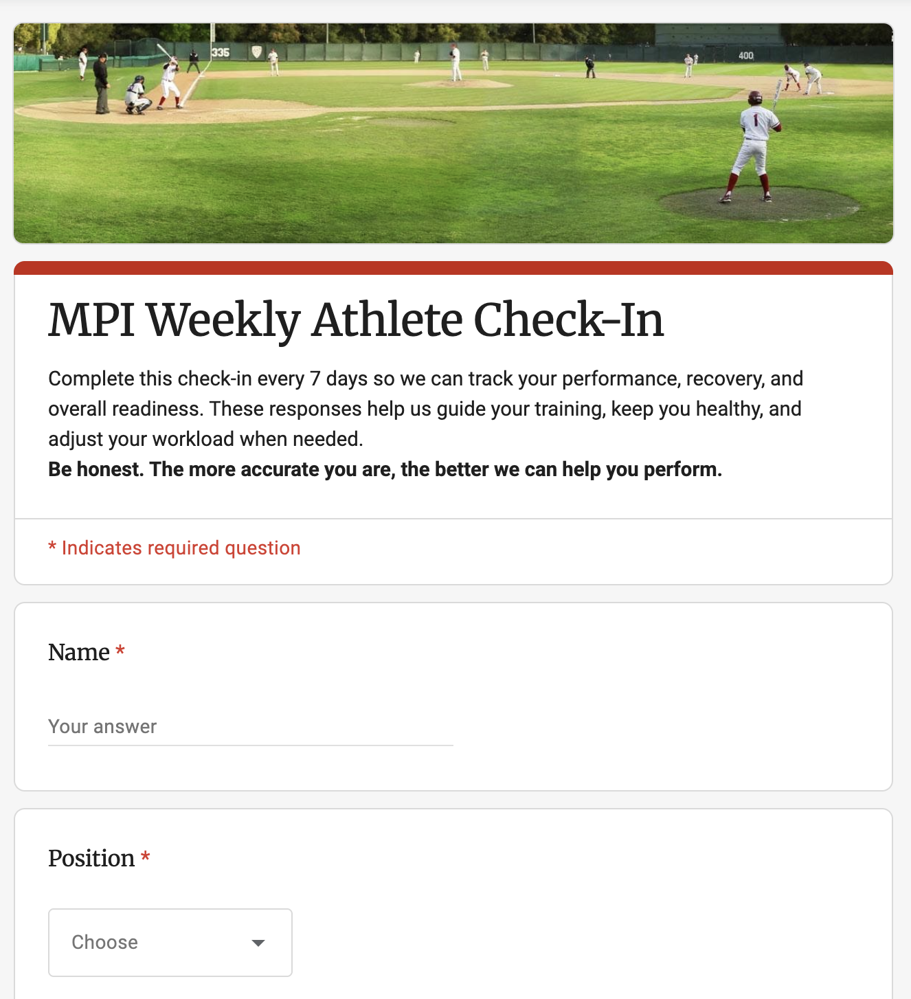 Screenshot of the MPI Weekly Athlete Check-In Google Form