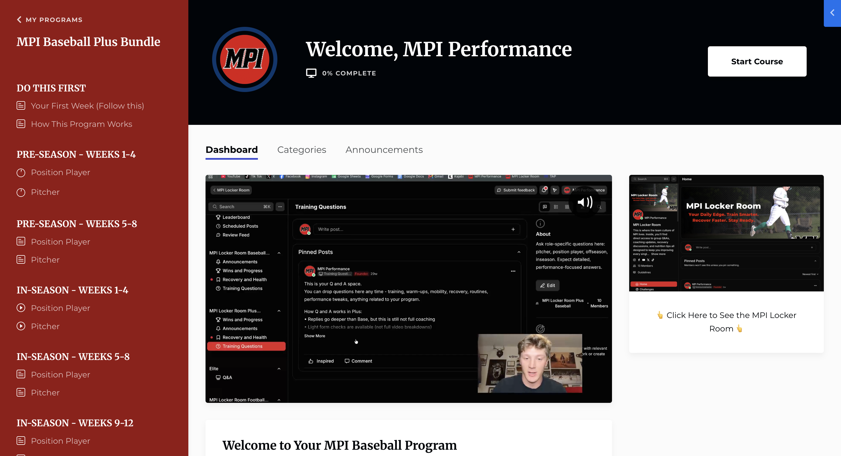 Screenshot of the MPI Locker Room training dashboard