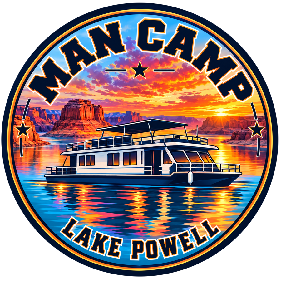 Man Camp Lake Powell logo with a houseboat at sunset
