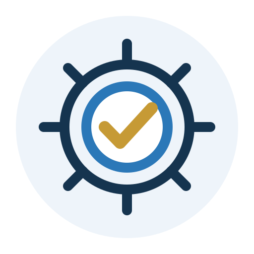 Implement level icon showing a target and checkmark for ISO 9001:2026 Guided Transition Series.