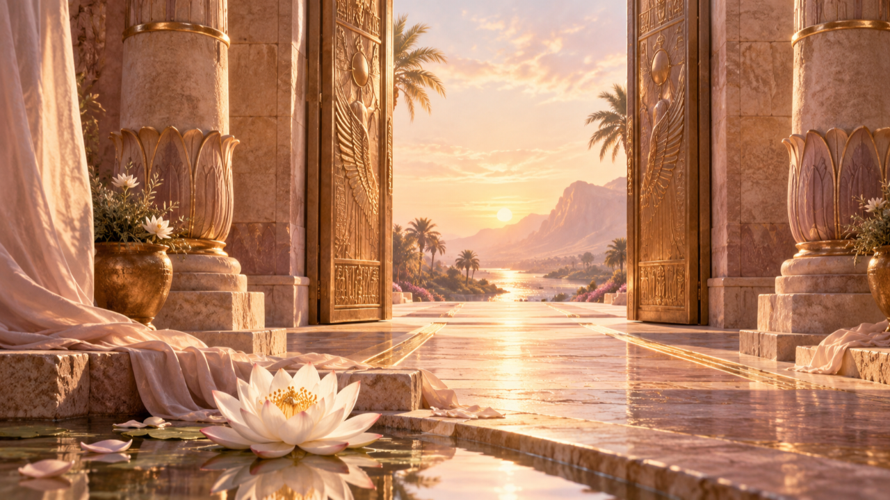 White lotus beside an open Egyptian temple doorway at sunrise