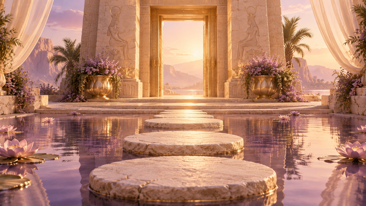 Pale stepping stones across still lavender water