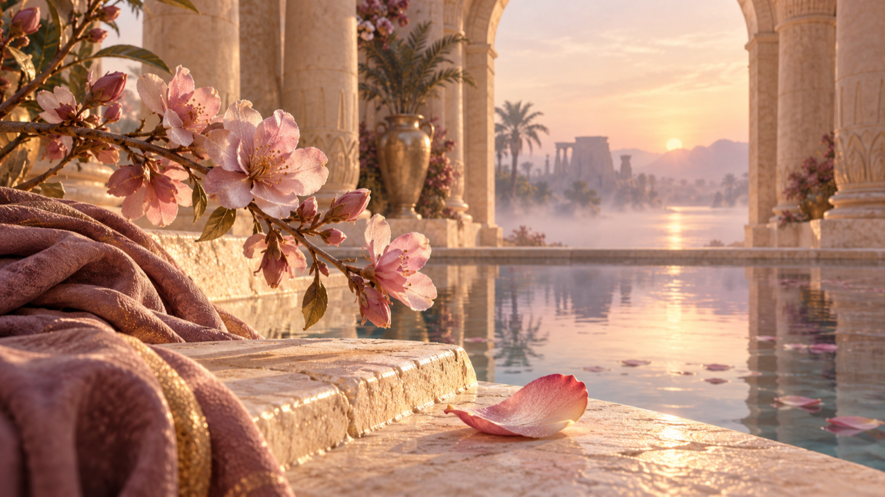 Flowering branch and rose petal beside a temple pool