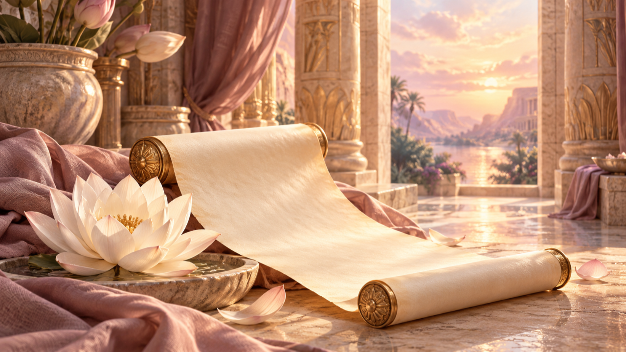 Blank parchment and white lotus in a rose temple alcove
