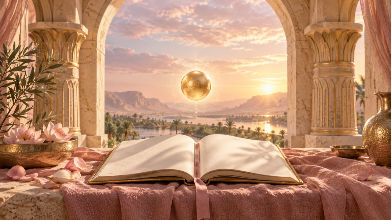 Blank journal and golden sphere beneath a temple arch