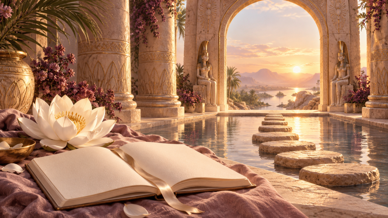 Open journal and stepping stones toward a sunrise