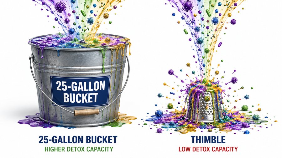 Detox capacity: 25-gallon bucket versus a thimble