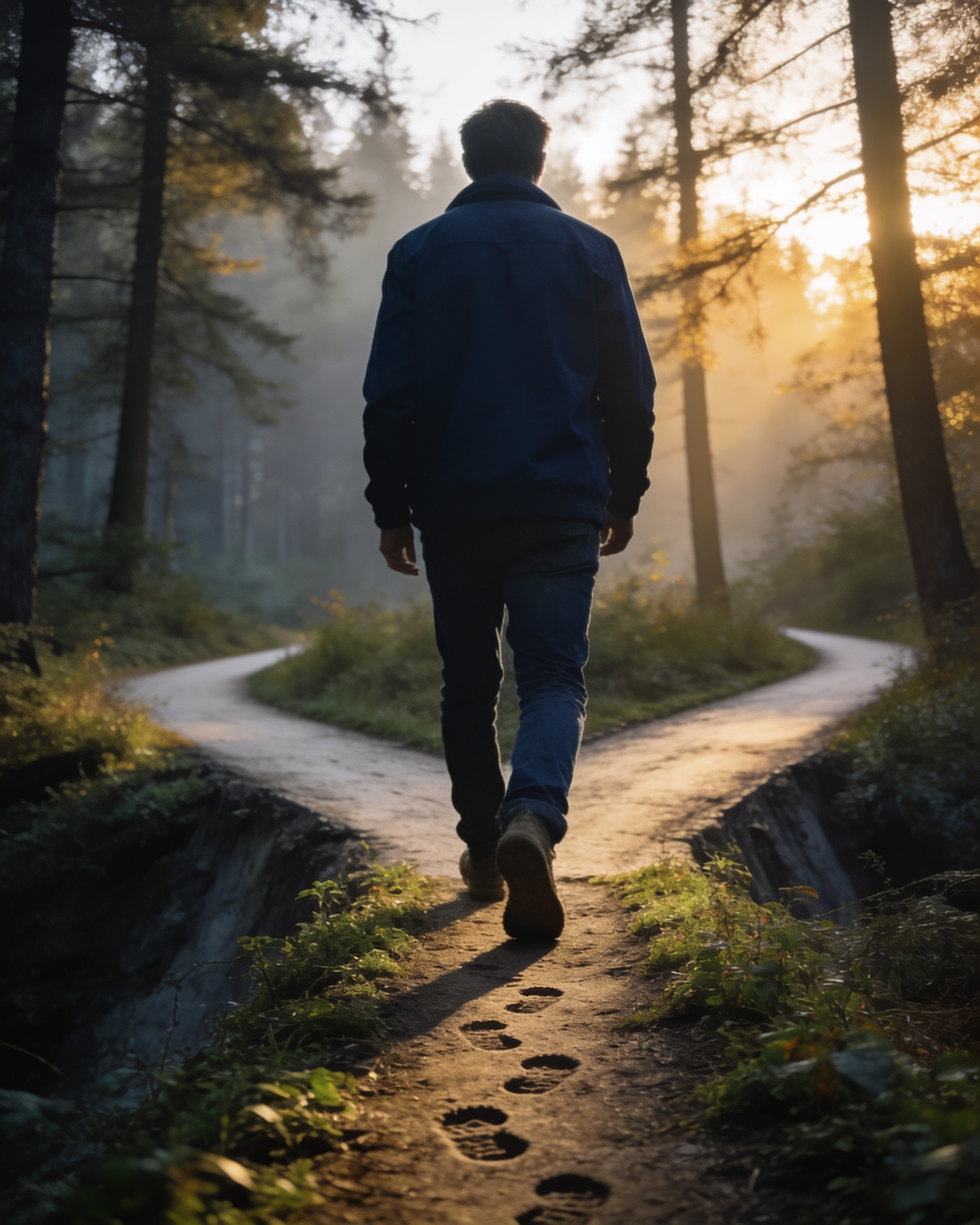 A man walking toward a fork in a forest path at sunrise, choosing the less traveled trail