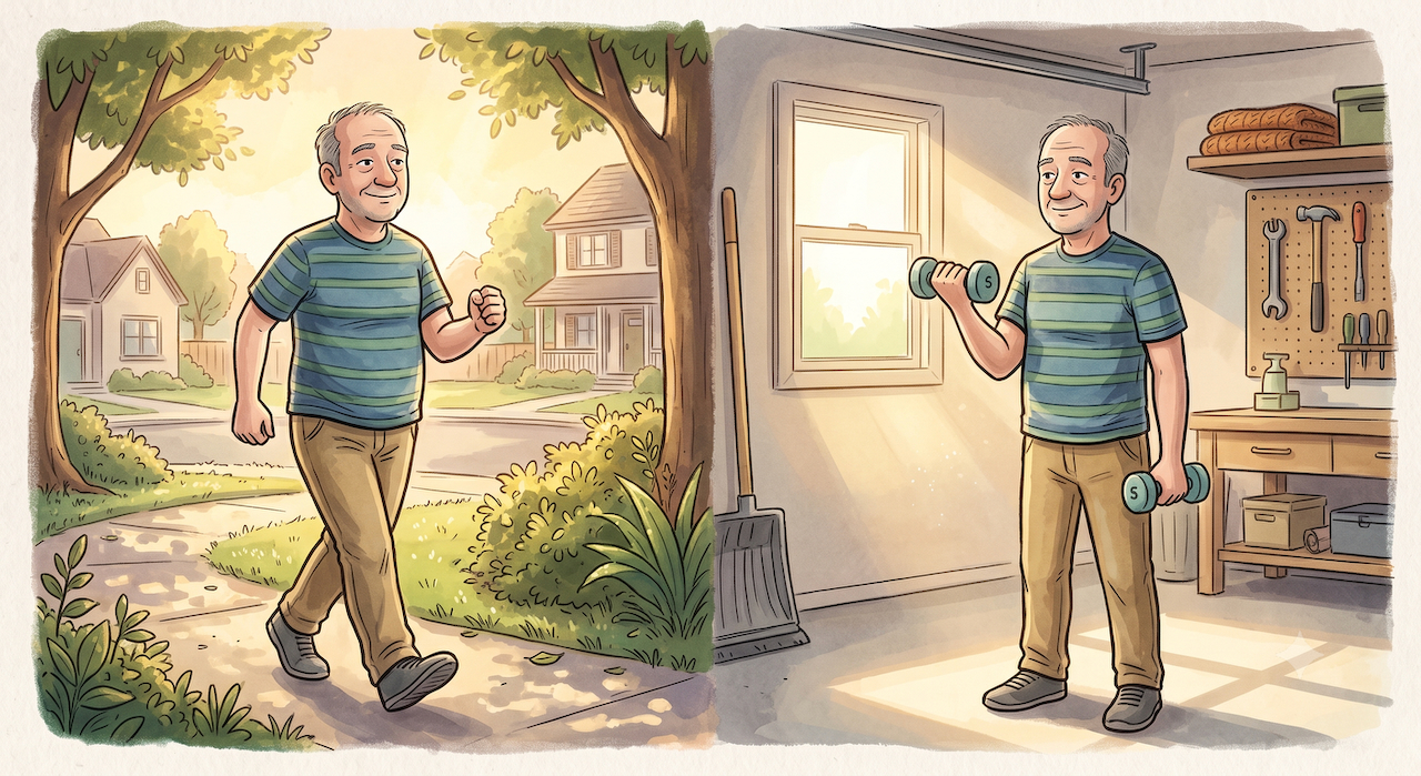 The future where you join: walking in the morning sun, dumbbells in the garage