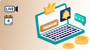 An isometric graphic illustration featuring a laptop, crown icon, live badge, date, and notifications.