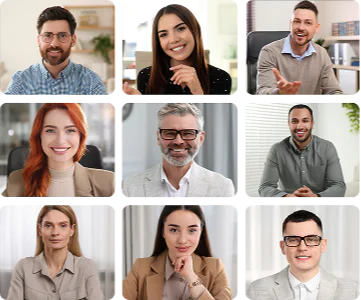 A grid layout showing nine diverse members attending a virtual video conference call.