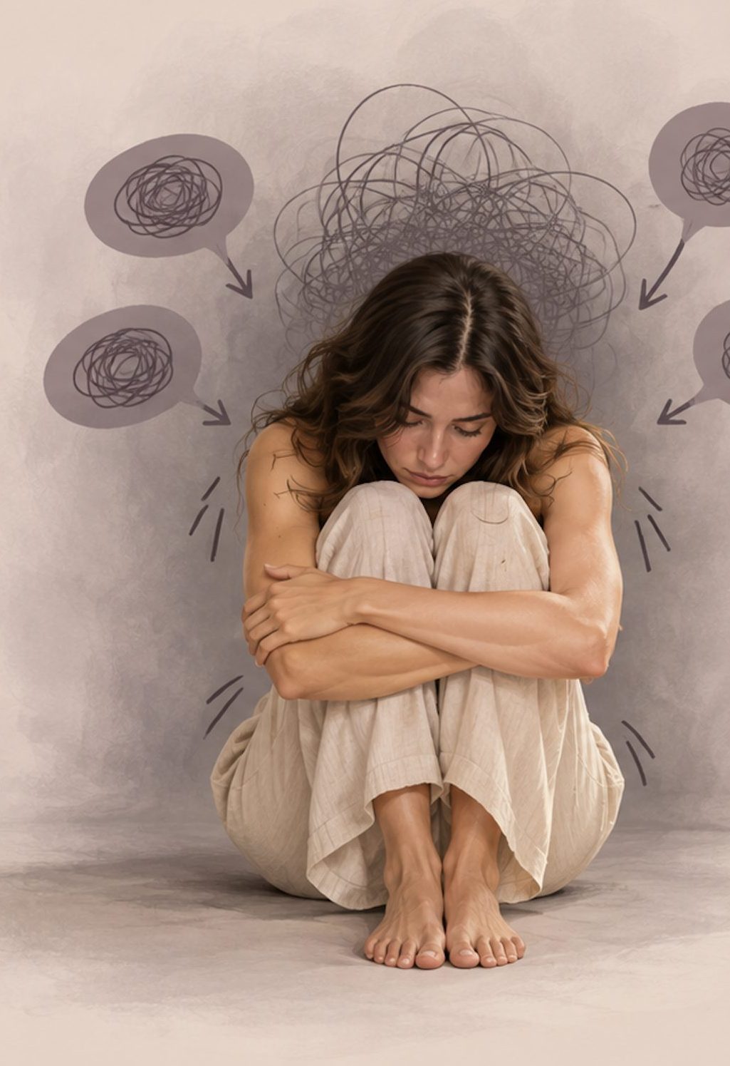 Mujer encogida sobre sí misma
