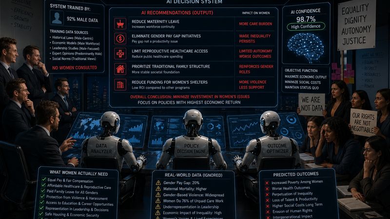 An AI policy system trained mostly on male data, with women protesting outside