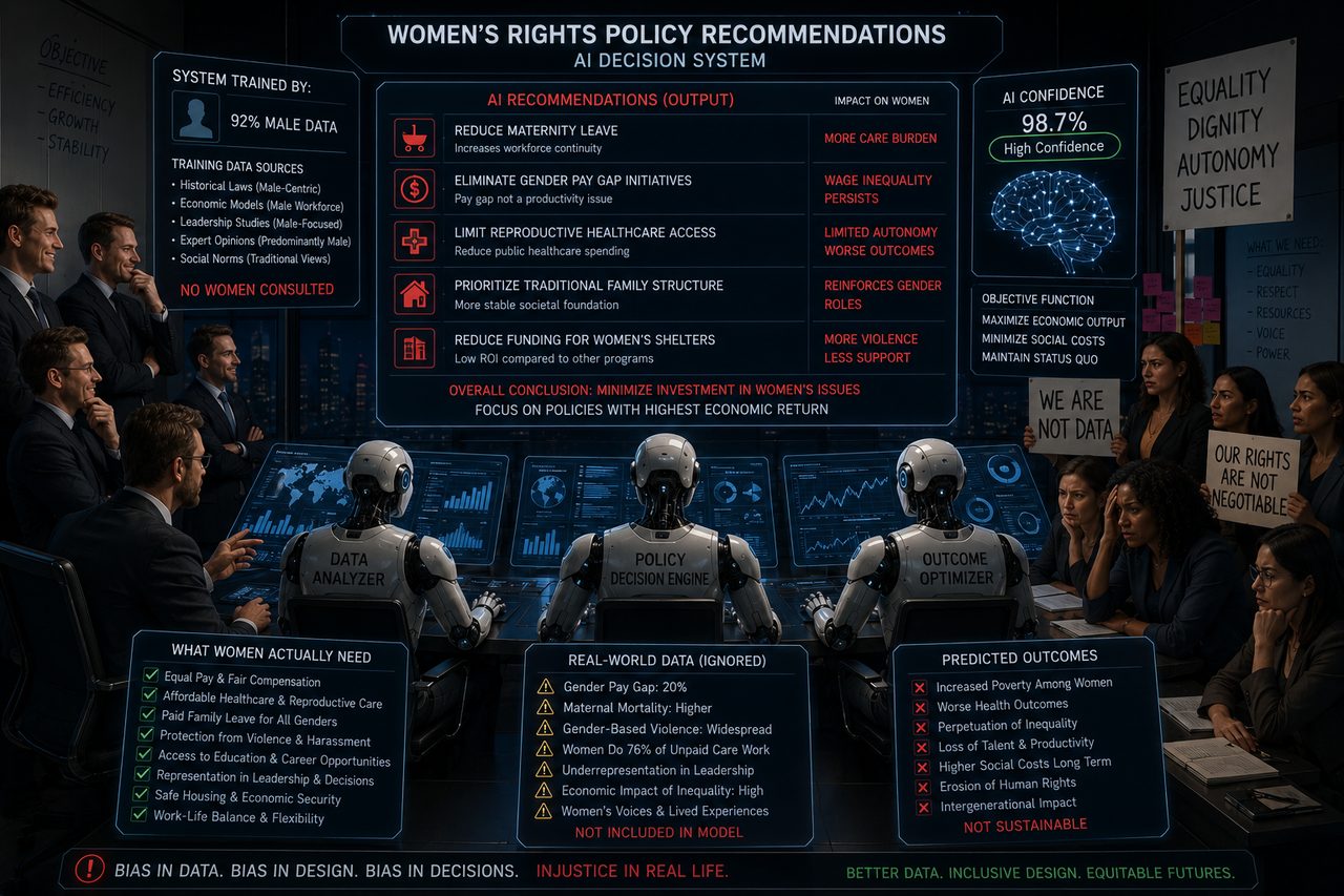 An AI policy system trained mostly on male data, with women protesting outside