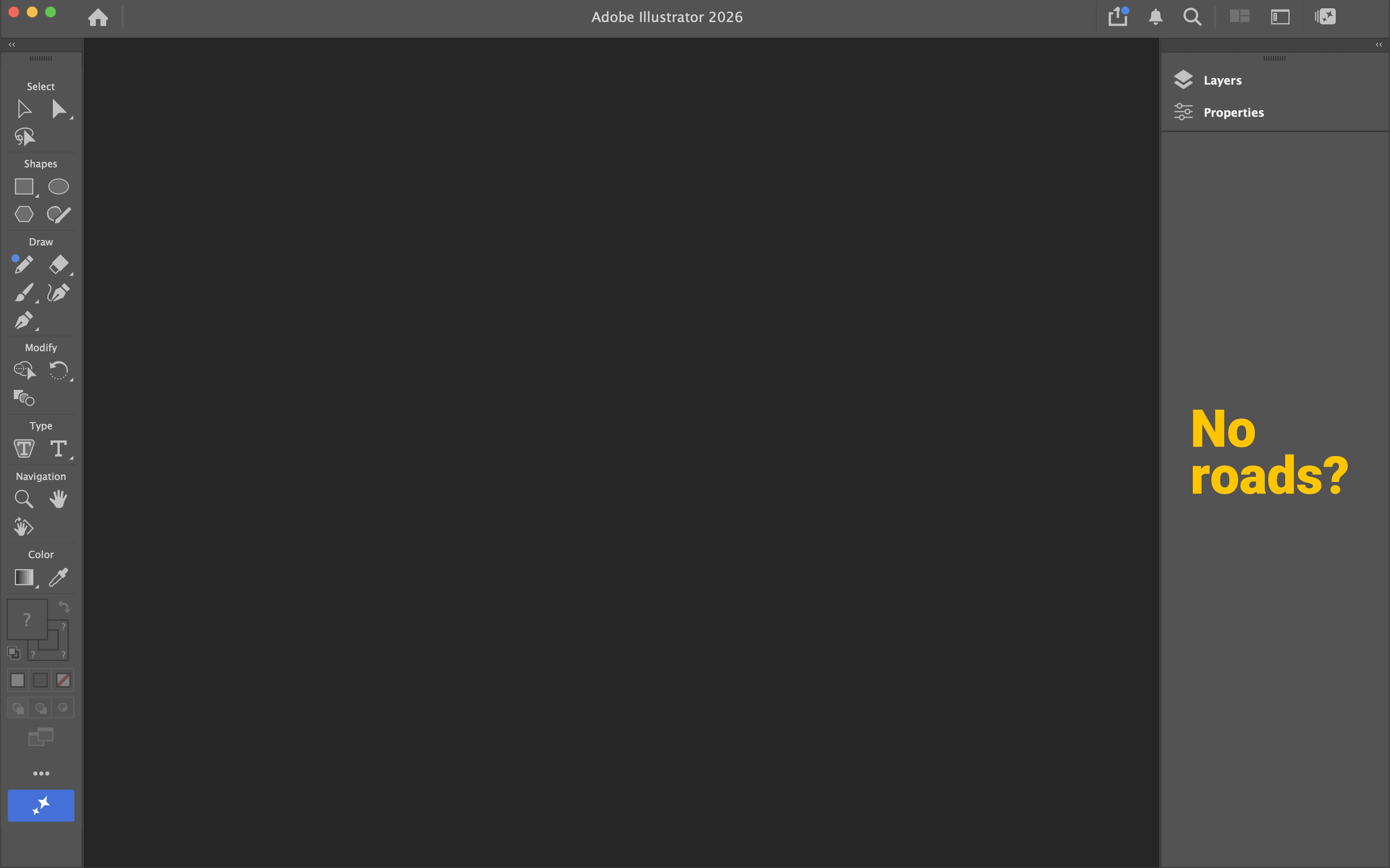 Illustrator workspace with no roads showing