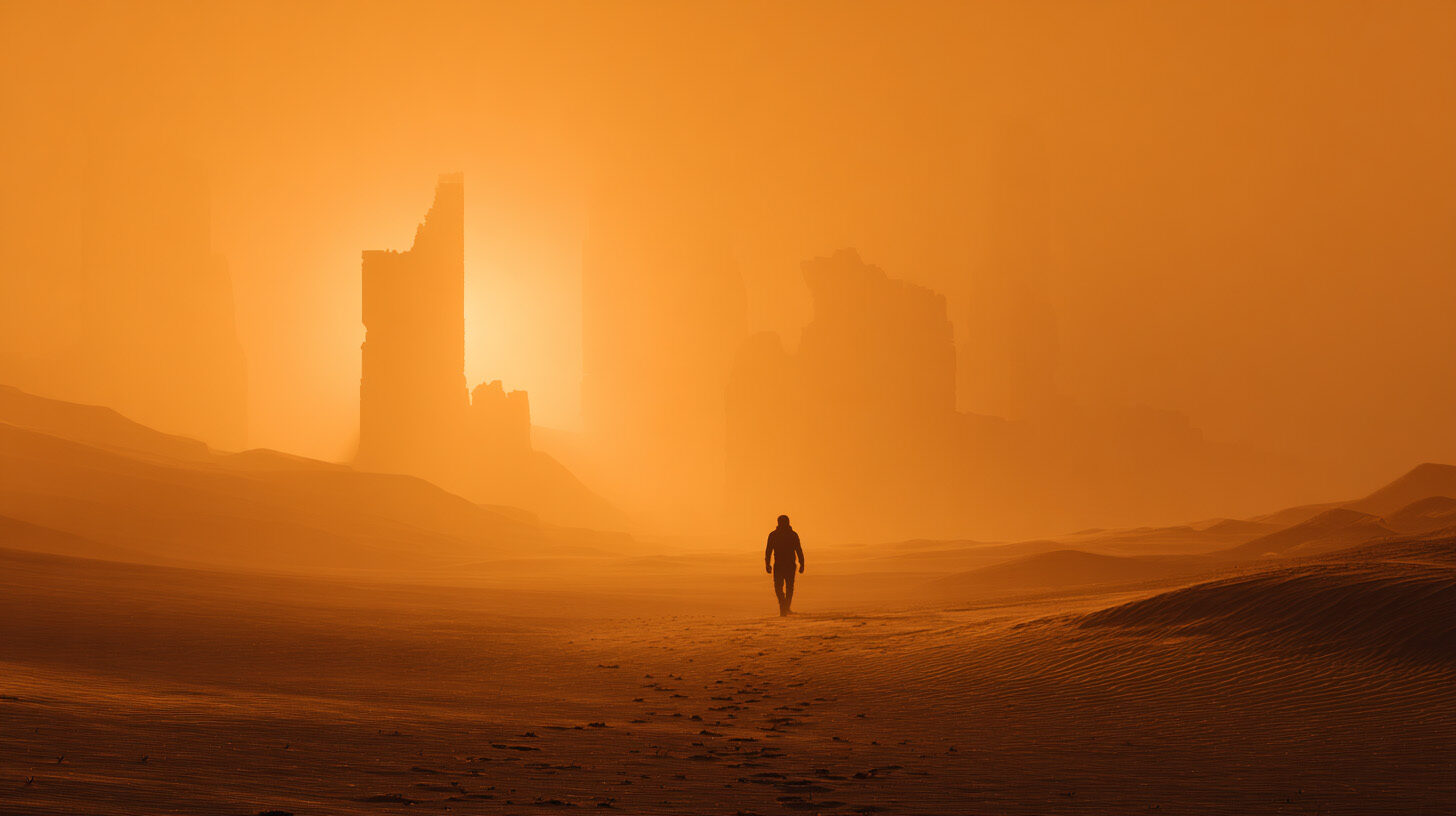 Lone figure before a monolith in orange haze