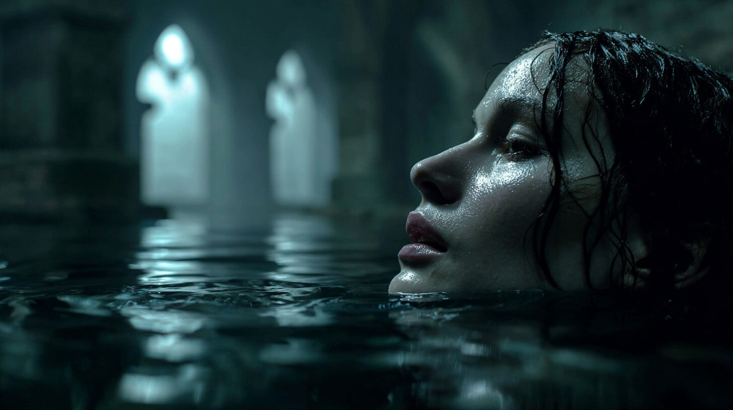 Submerged face breaking the water