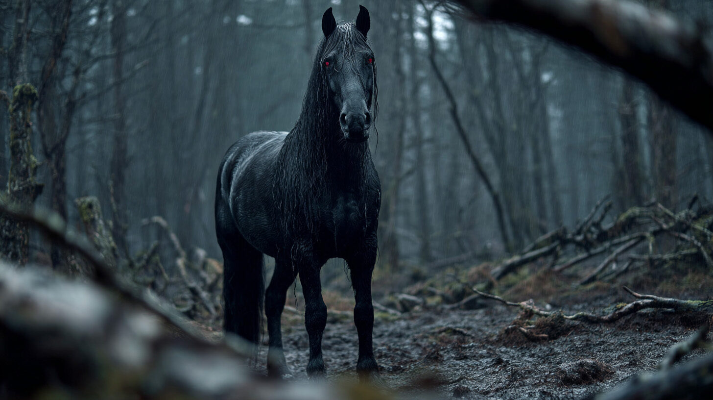 Black horse in a cold forest