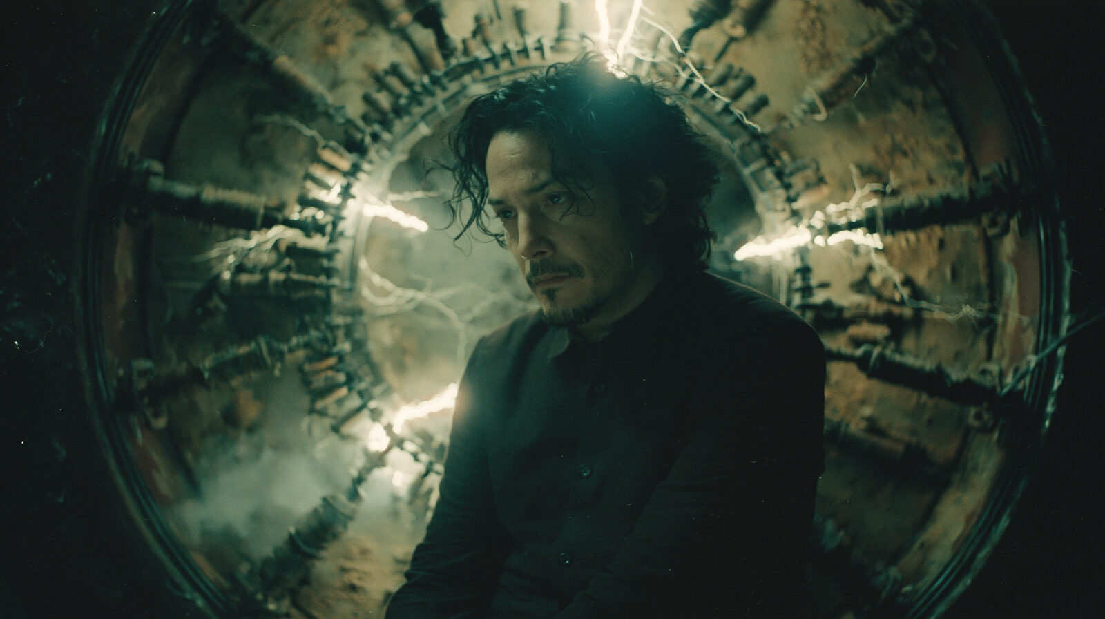 Man framed inside a glowing mechanism
