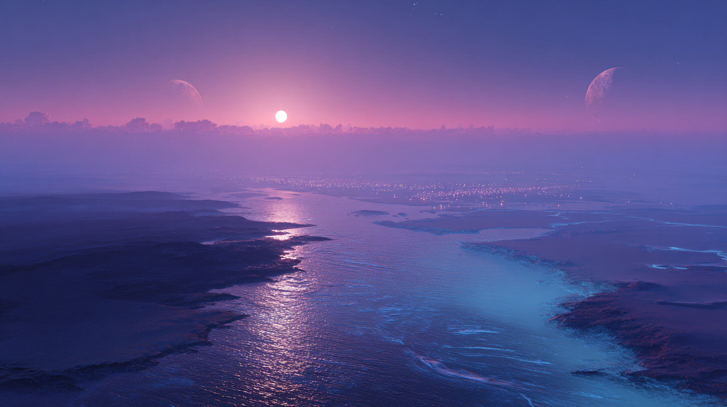 Cinematic alien shoreline at dusk