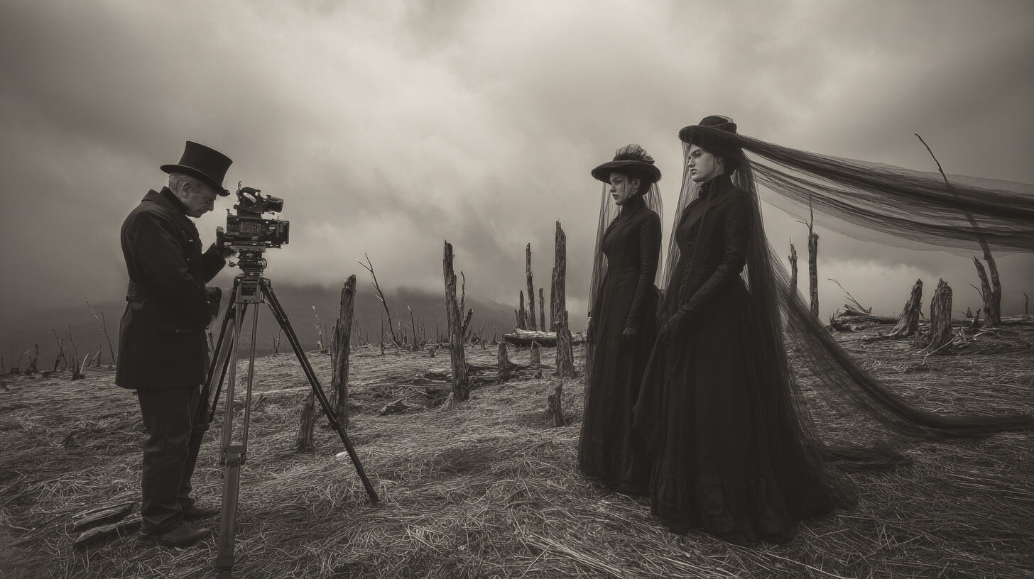 Veiled figures with a camera in a field