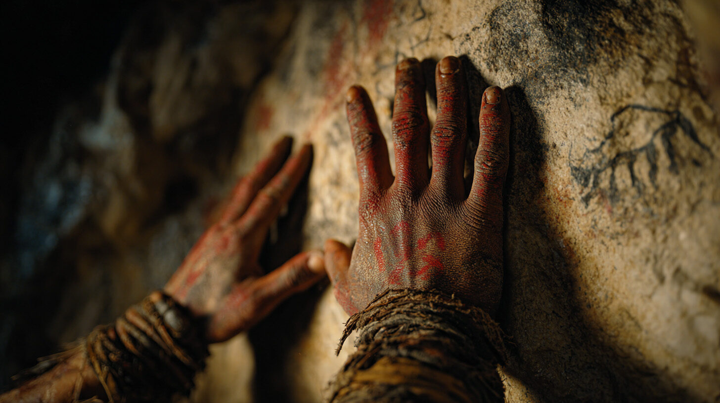 Weathered hands pressed to a cave wall