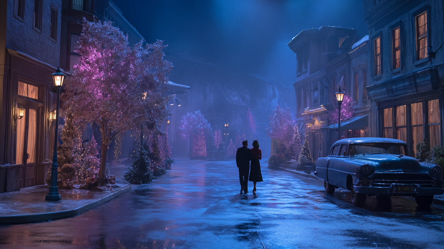 Technicolor rain-slick street at night