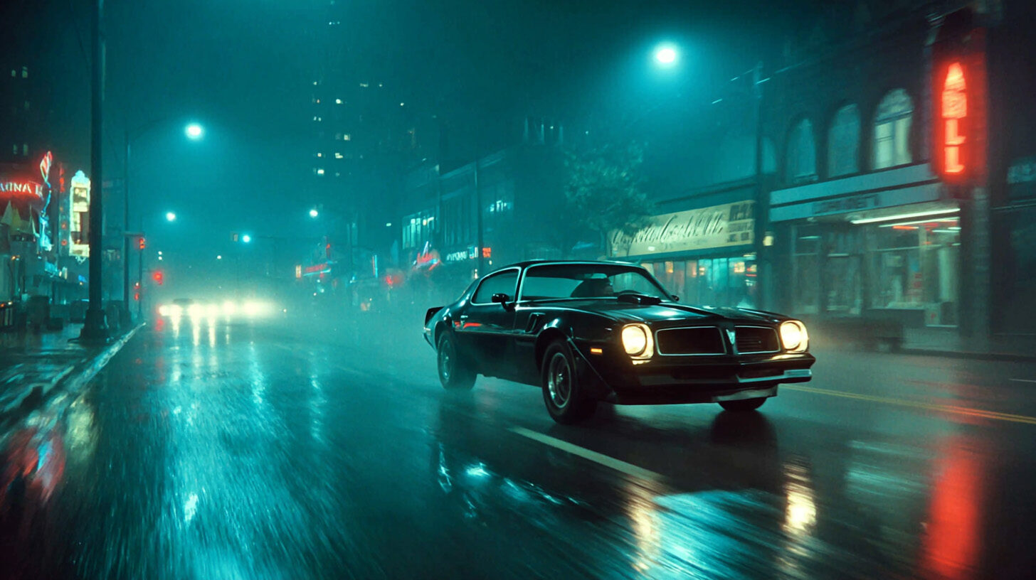Muscle car on a wet neon street