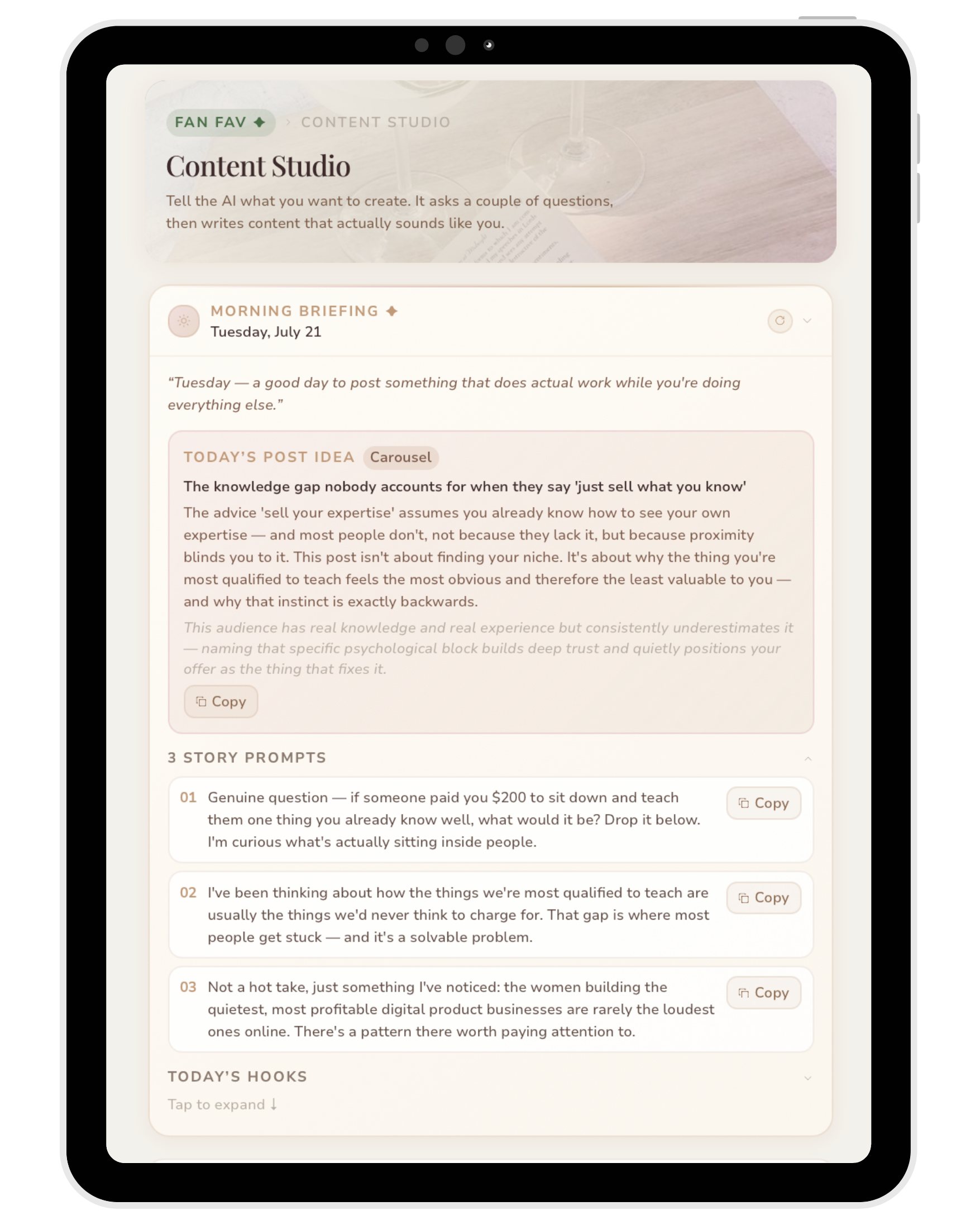 Content Studio — sample output inside Anti-Social AI