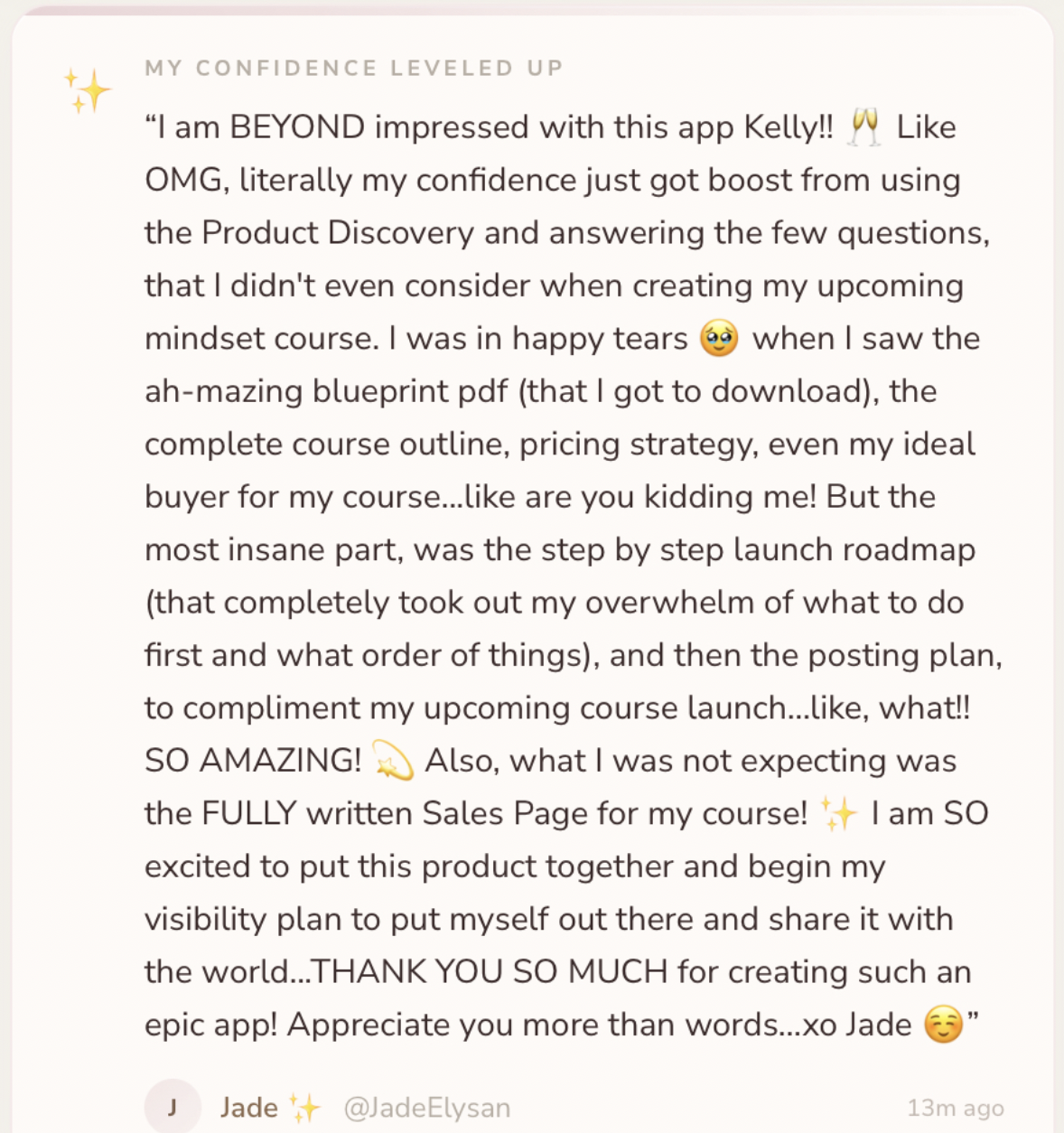 Member story from Jade: blueprint, course outline, pricing strategy, launch roadmap and fully written sales page in her first session
