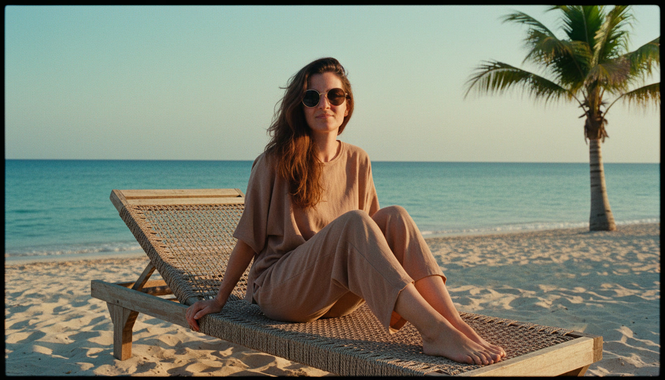 AI-generated image of Alejandra Marqués on a sun lounger