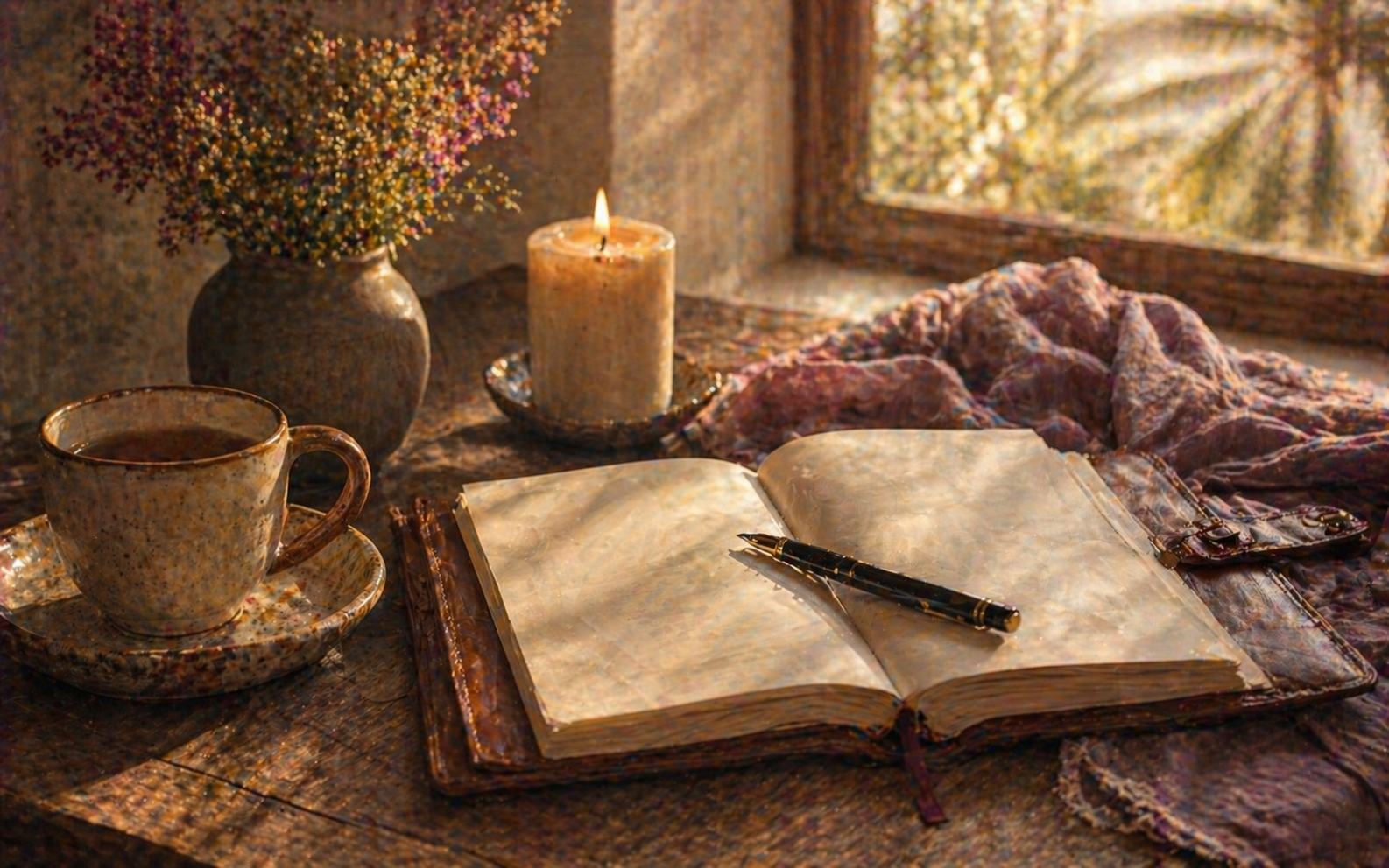 A quiet retreat space — candle, journal, pen, soft morning light